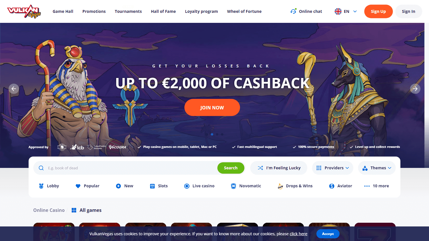 Vulkan Vegas Casino mobil hjemmeside