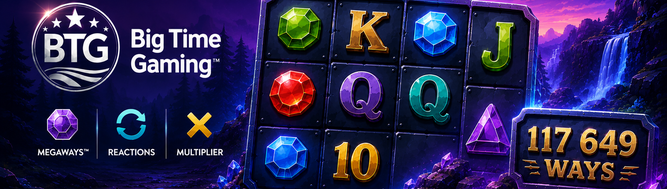 Big Time Gaming slot-mekanikker forklart: Megaways-motor med opptil 117 649 måter å vinne på, reactions hvor gevinstsymboler forsvinner, økende multiplier per reaction i free spins, og Feature Drops i base game uten Bonus Buy.