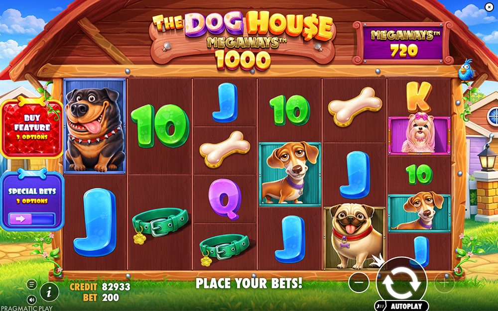 The Dog House Megaways 1000 grunnspill med hjul og symboler