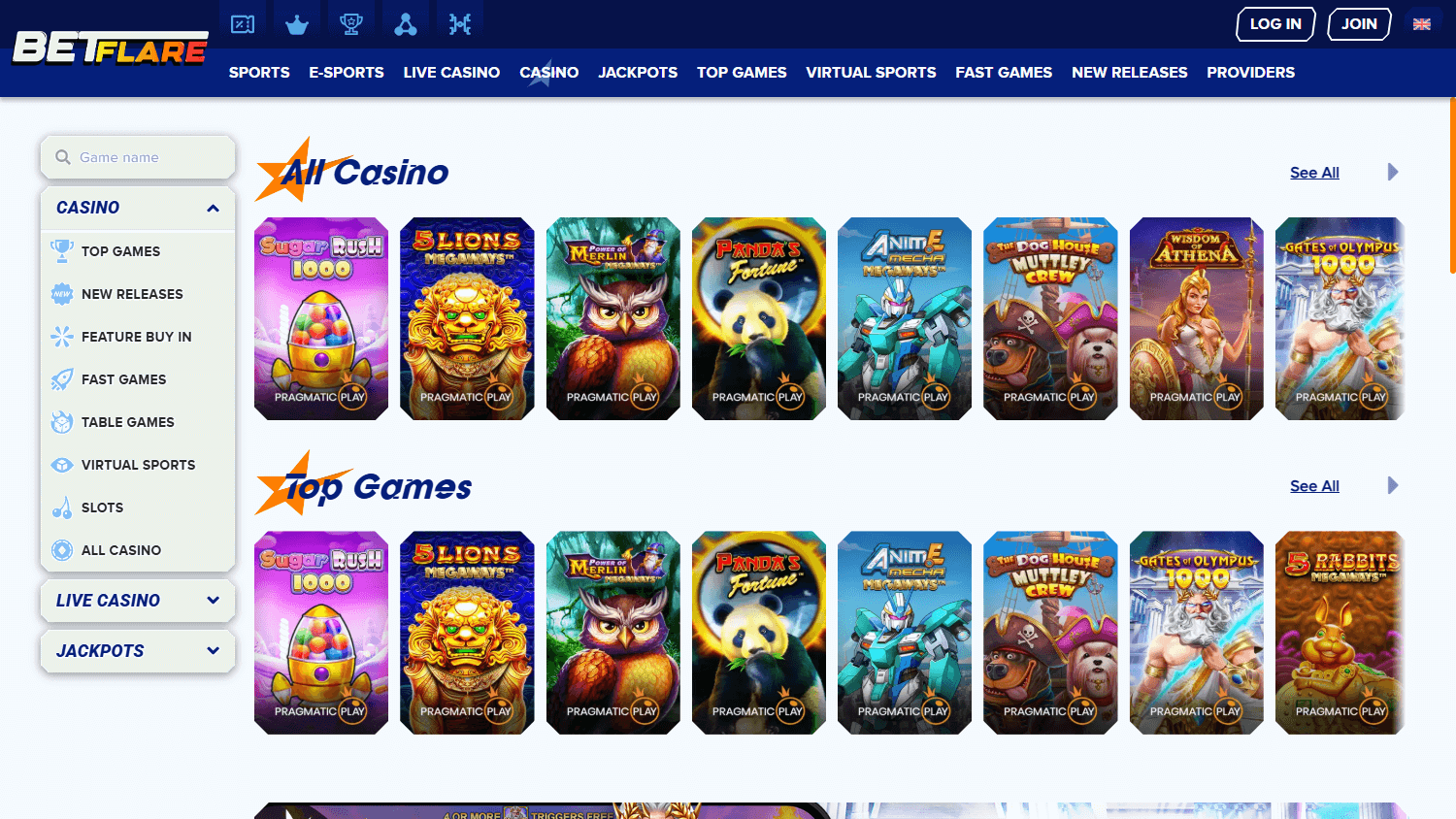 Betflare Casino spillutvalg