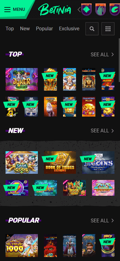 Betinia Casino mobil spilloversikt