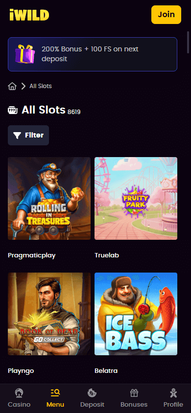 iWild Casino mobil spilloversikt