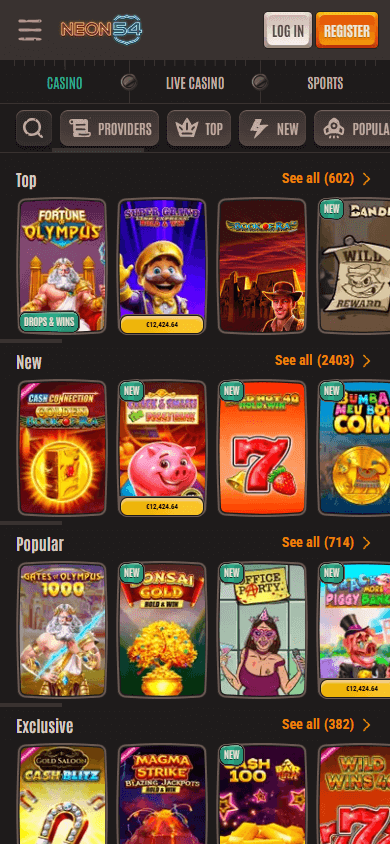 Neon54 Casino mobil spilloversikt