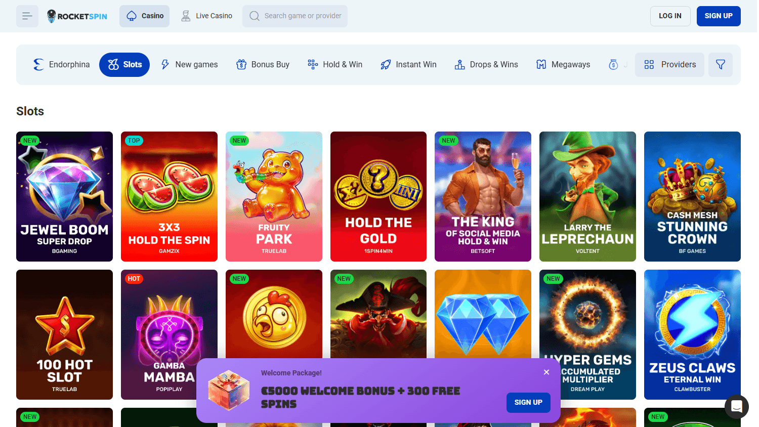 Rocket Spin Casino spillutvalg