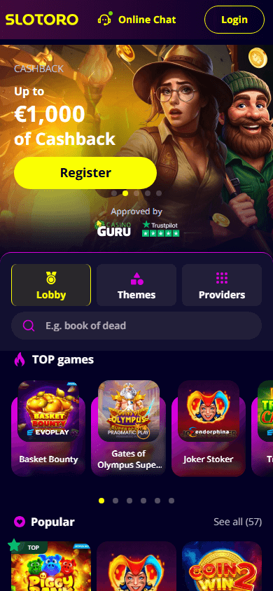 Slotoro Casino mobil spilloversikt