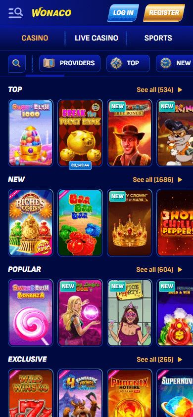 Wonaco Casino mobil spilloversikt