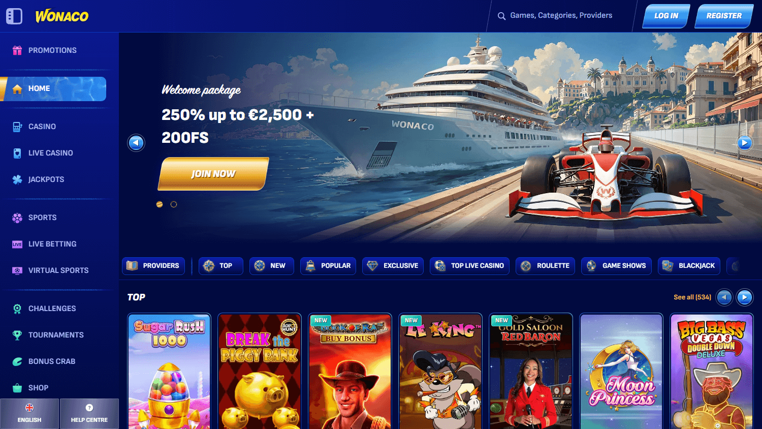 Wonaco Casino hjemmeside