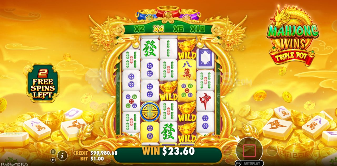 Mahjong Wins Triple Pot wild-symboler og potter over hjulene
