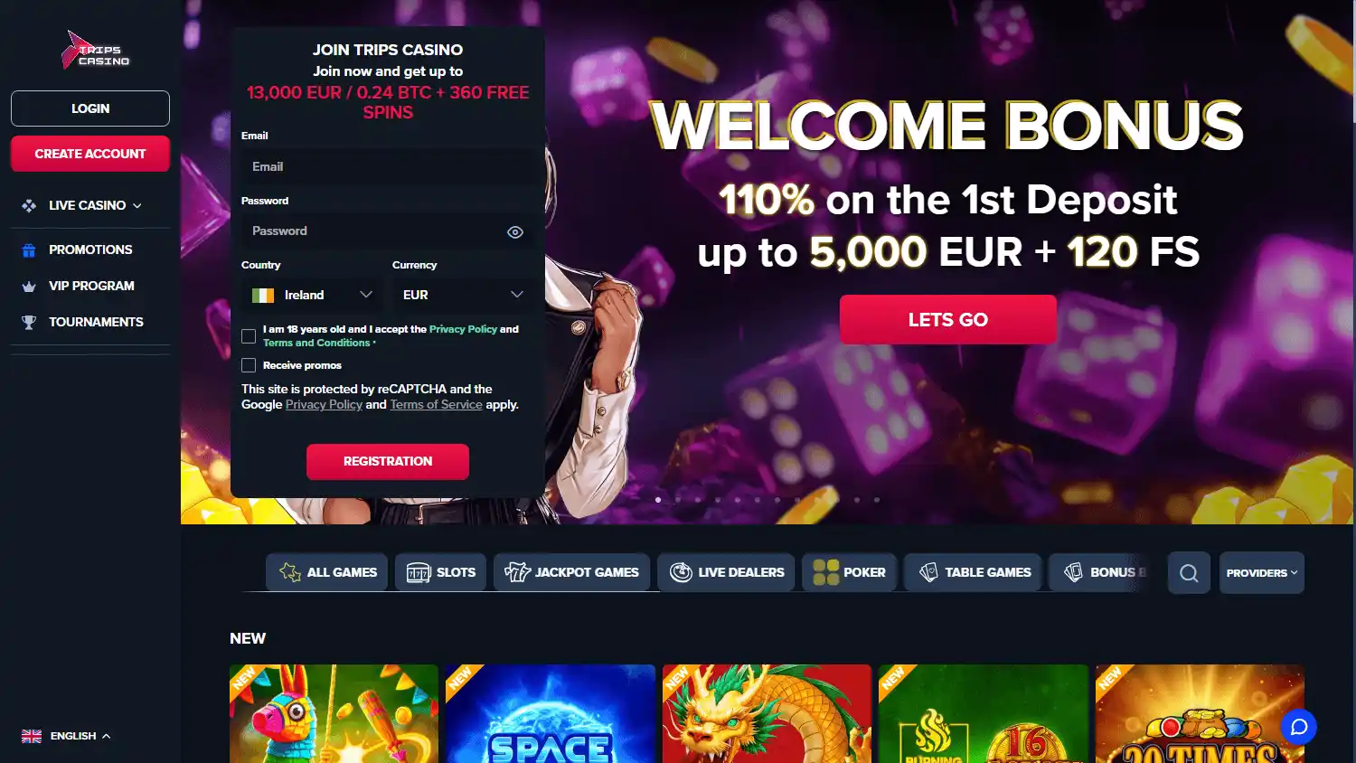 Trips Casino hjemmeside