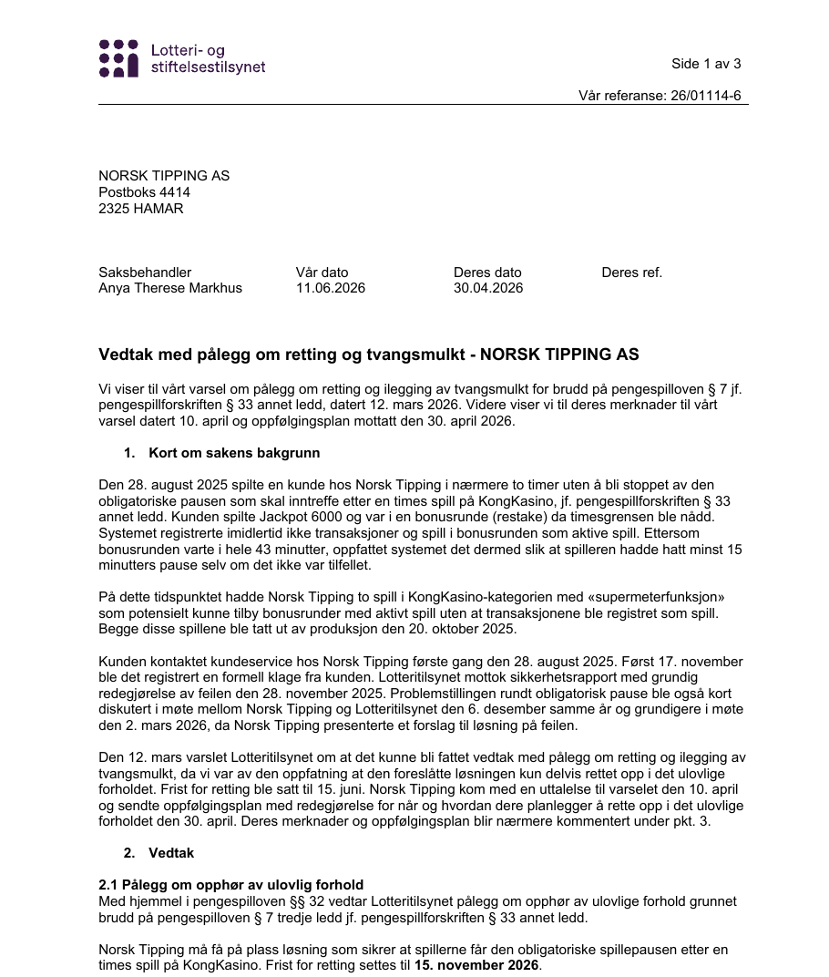 Første side av Lotteritilsynets vedtak 11. juni 2026 om pålegg om retting og tvangsmulkt mot Norsk Tipping