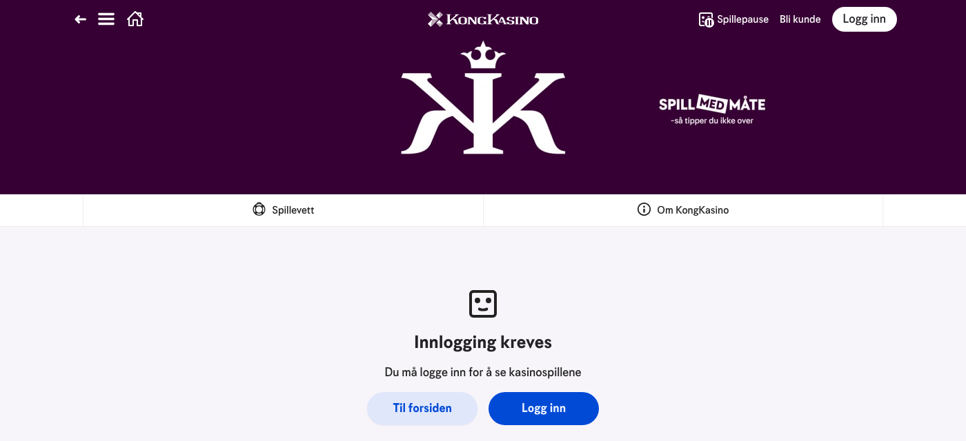 KongKasino på norsk-tipping.no krever innlogging med Norsk Tipping-konto